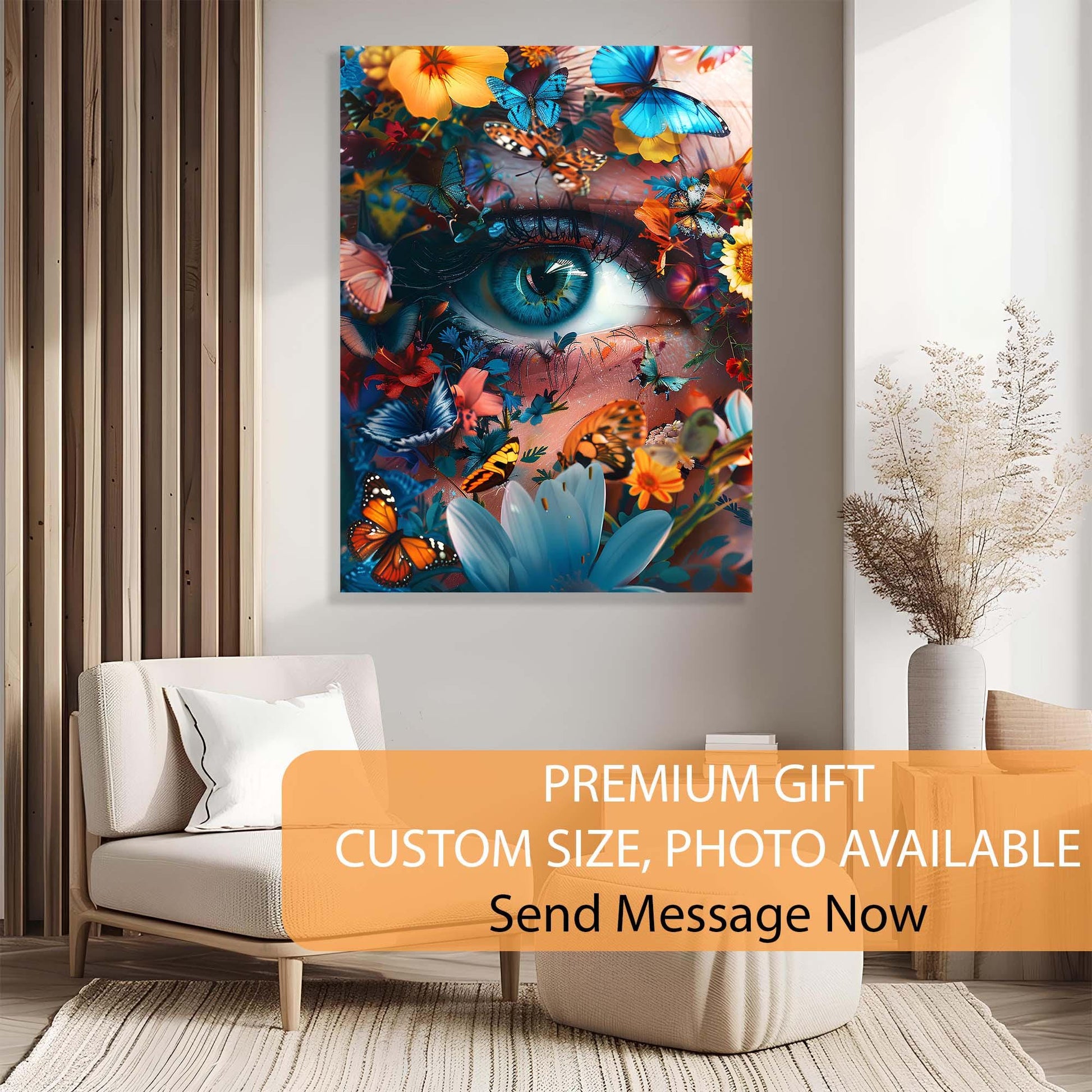 Colorful abstract painting of an eye with butterflies and flowers in a living room setting.