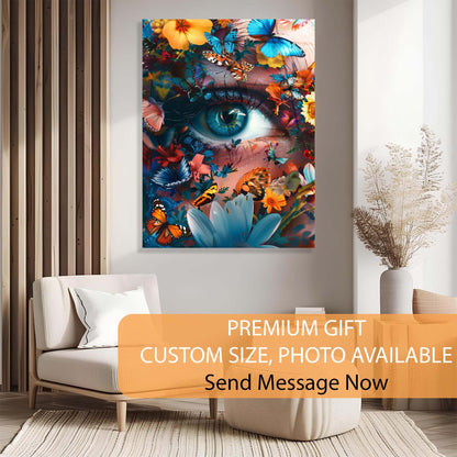 Colorful abstract painting of an eye with butterflies and flowers in a living room setting.