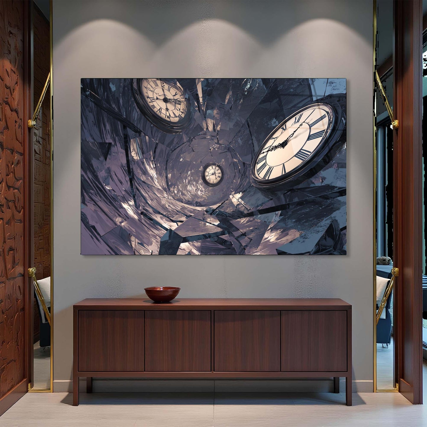 Abstract wall art with clock design above a wooden cabinet.
