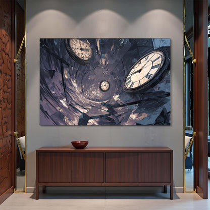 Abstract wall art with clock design above a wooden cabinet.