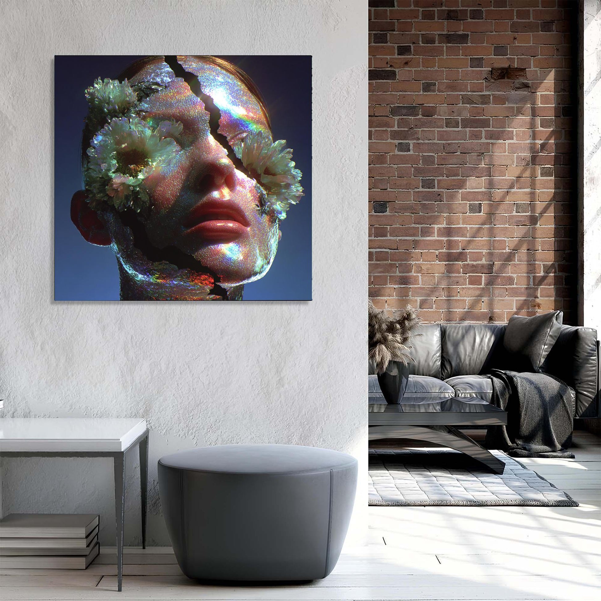 Abstract art piece on a wall in a modern living room with a sofa and rug.