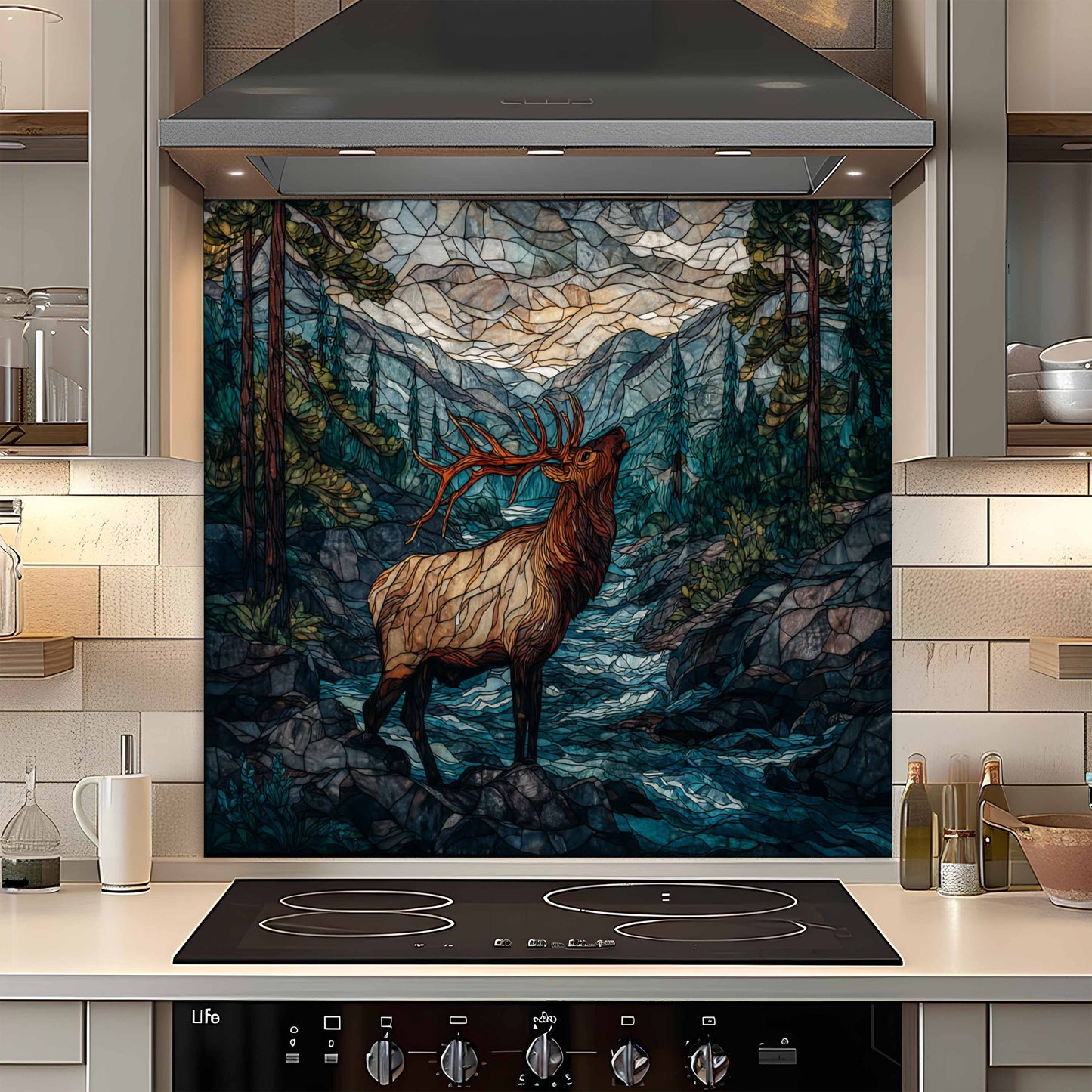 Kitchen with a decorative glass splashback featuring an elk in a forest design.