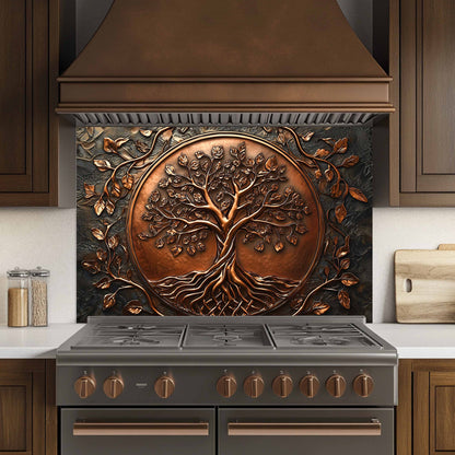 Decorative copper tree of life backsplash above a stove in a kitchen.
