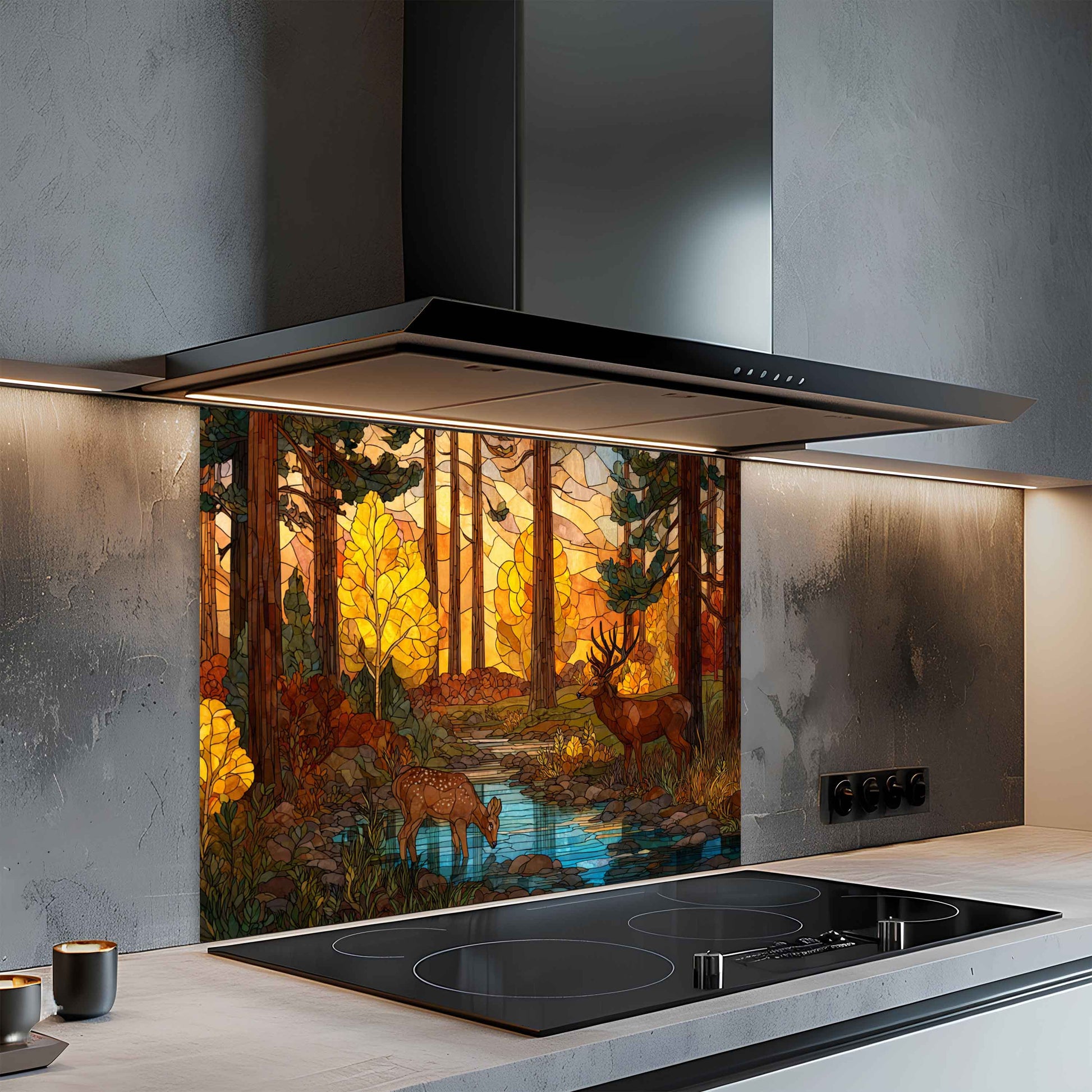 Modern kitchen with a decorative glass splashback featuring a forest scene.