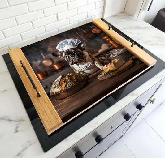 Stovetop with a decorative glass panel featuring a dog chef design.