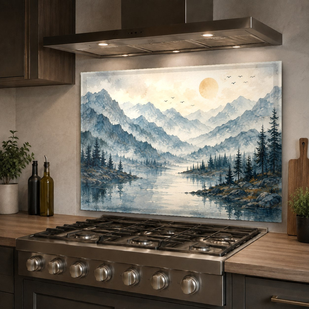 Close-up of a heat-resistant Misty Lake glass stove guard with a high-gloss, easy-to-clean finish.