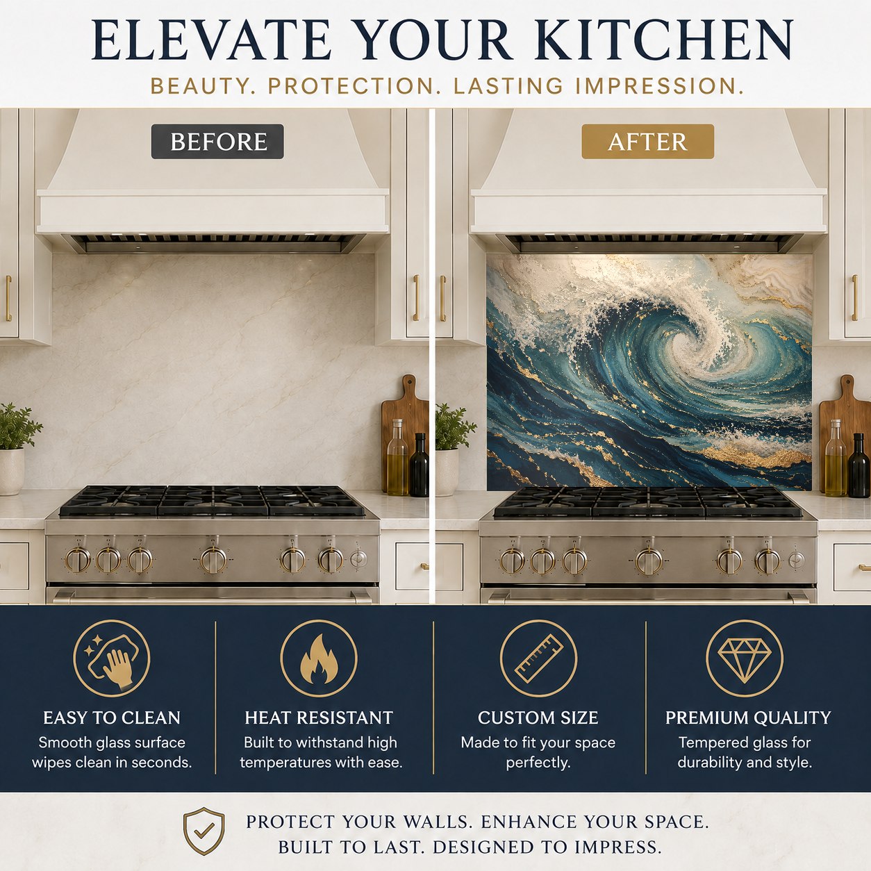 Coastal style kitchen backsplash featuring crashing ocean waves behind a modern induction cooktop.