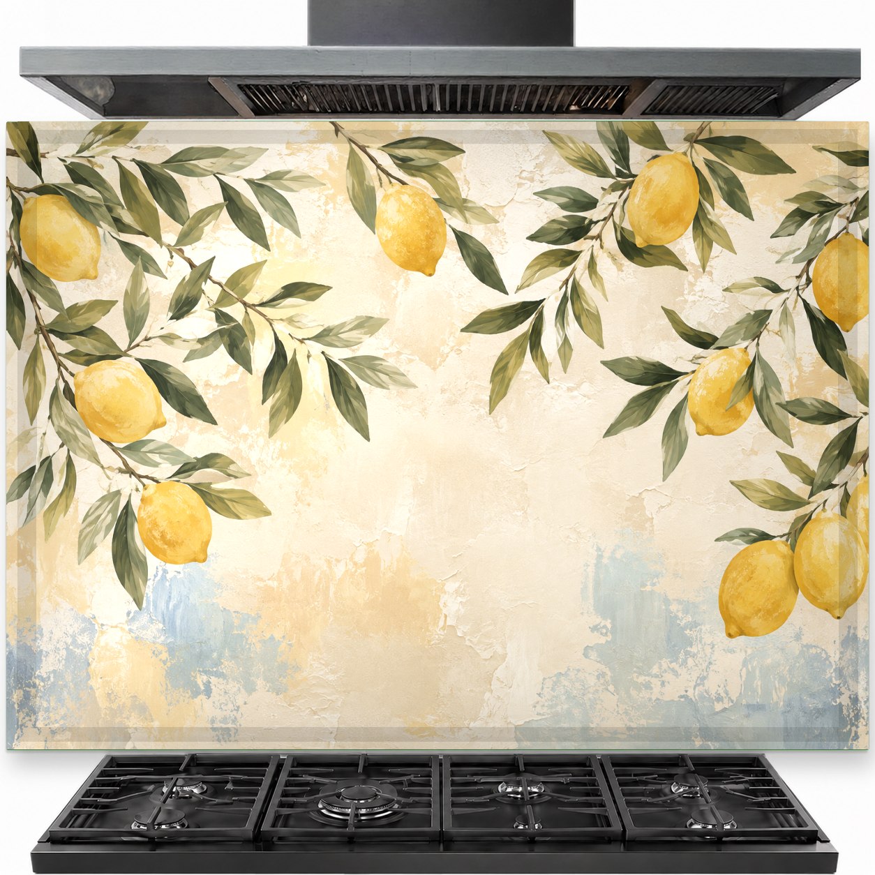 Lemon tree tempered glass backsplash installed behind a modern stainless steel gas stove