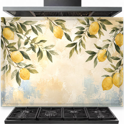 Lemon tree tempered glass backsplash installed behind a modern stainless steel gas stove