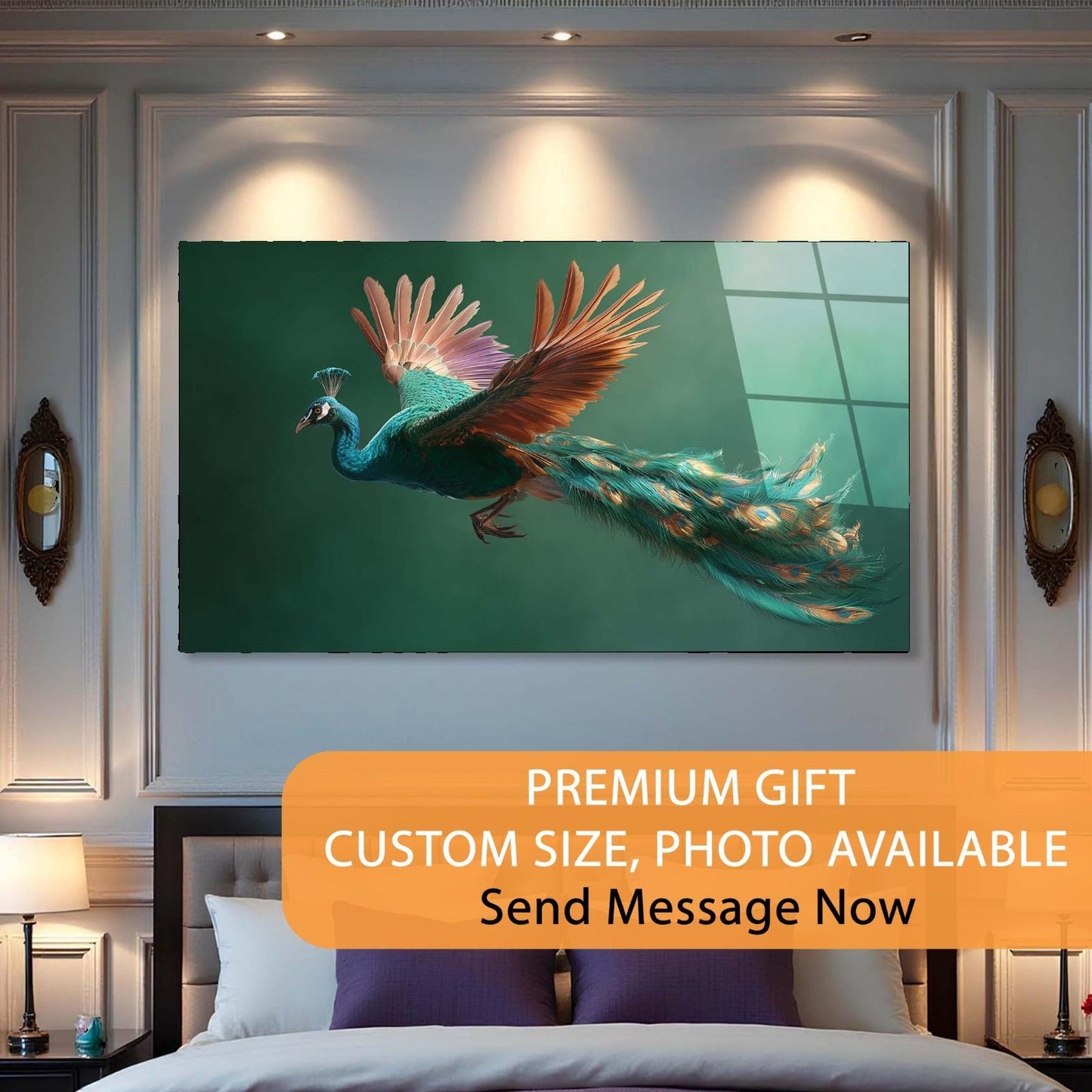 Peacock painting on a wall above a bed with promotional text overlay.
