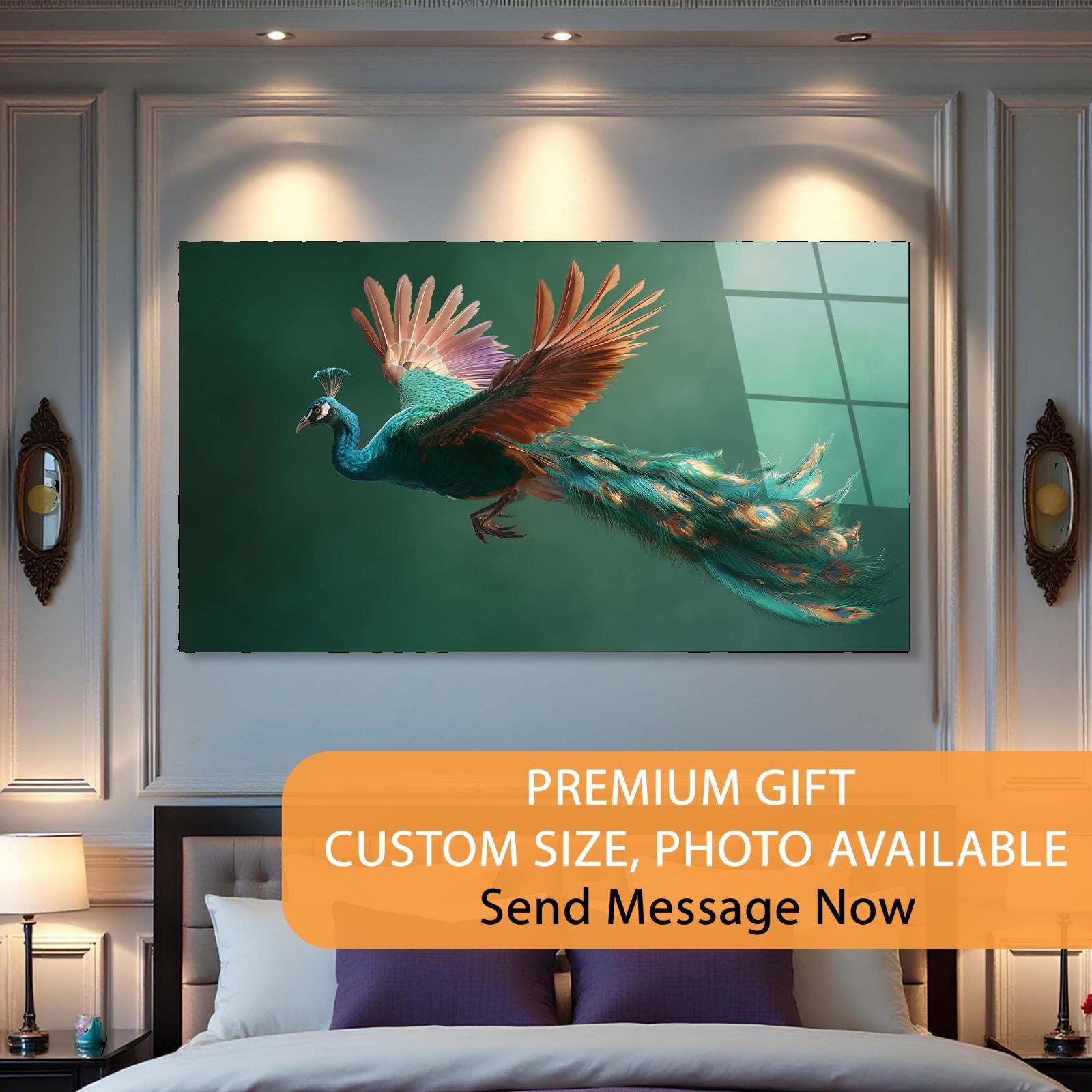 Peacock painting on a wall above a bed with promotional text overlay.