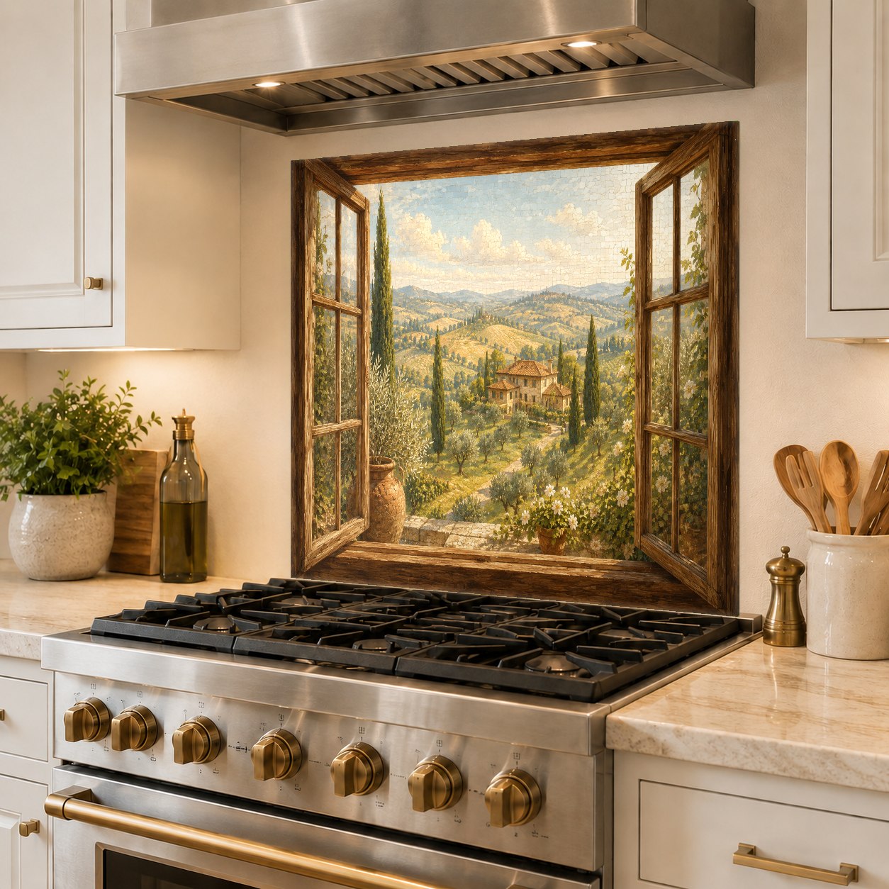 Heat-resistant glass backsplash with a lush garden scene behind a pro-style range.