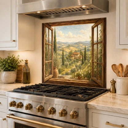 Heat-resistant glass backsplash with a lush garden scene behind a pro-style range.