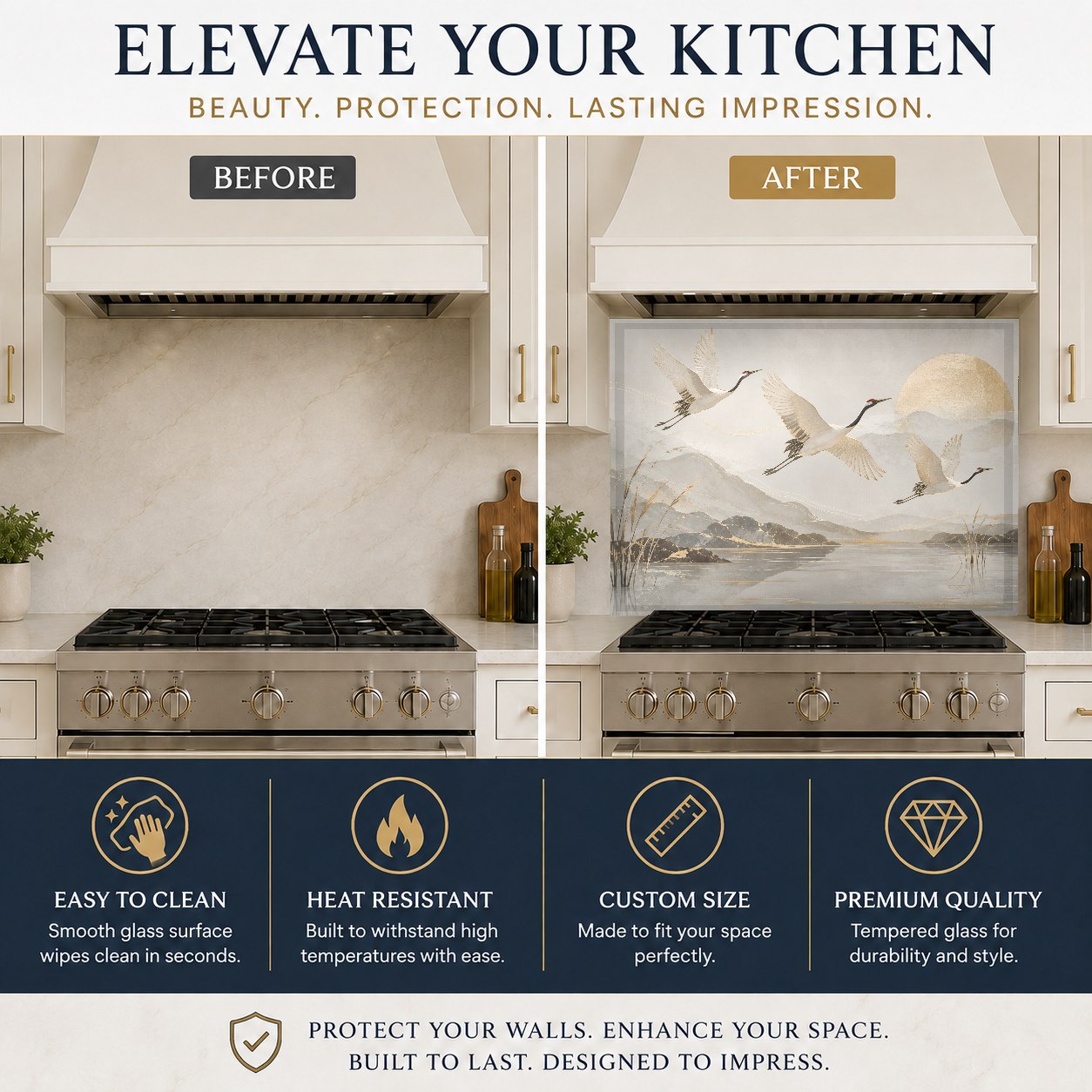 Exotic bird tempered glass backsplash panel on a kitchen island wall