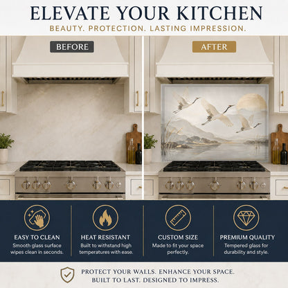 Exotic bird tempered glass backsplash panel on a kitchen island wall