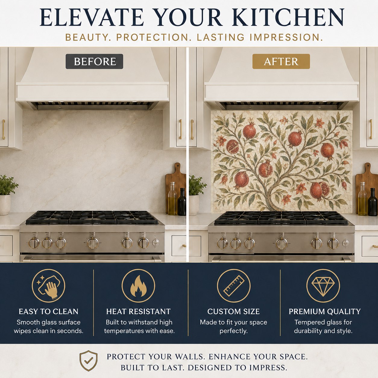 Heat-resistant glass stove splash guard featuring a lush pomegranate tree design in a rustic farmhouse kitchen.