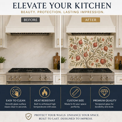 Heat-resistant glass stove splash guard featuring a lush pomegranate tree design in a rustic farmhouse kitchen.