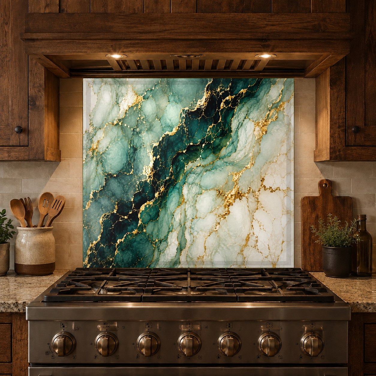 Durable and easy-to-clean glass stove guard with a luxurious emerald marble design in a contemporary kitchen.