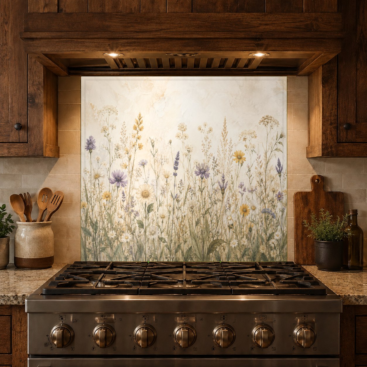 High-gloss tempered glass backsplash with a wildflower pattern providing a seamless, easy-to-clean kitchen wall surface.