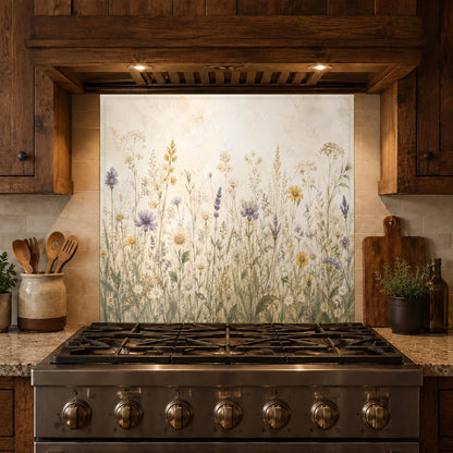 High-gloss tempered glass backsplash with a wildflower pattern providing a seamless, easy-to-clean kitchen wall surface.