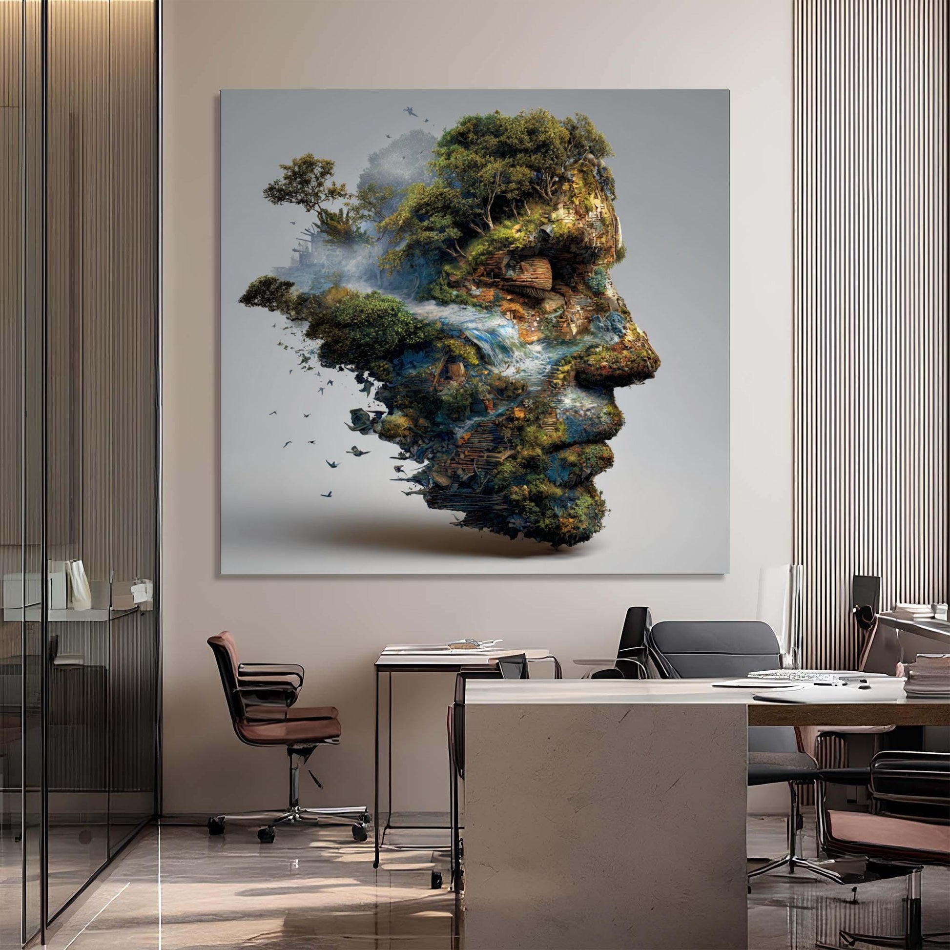 Modern office interior with a large abstract painting of a landscape on the wall.