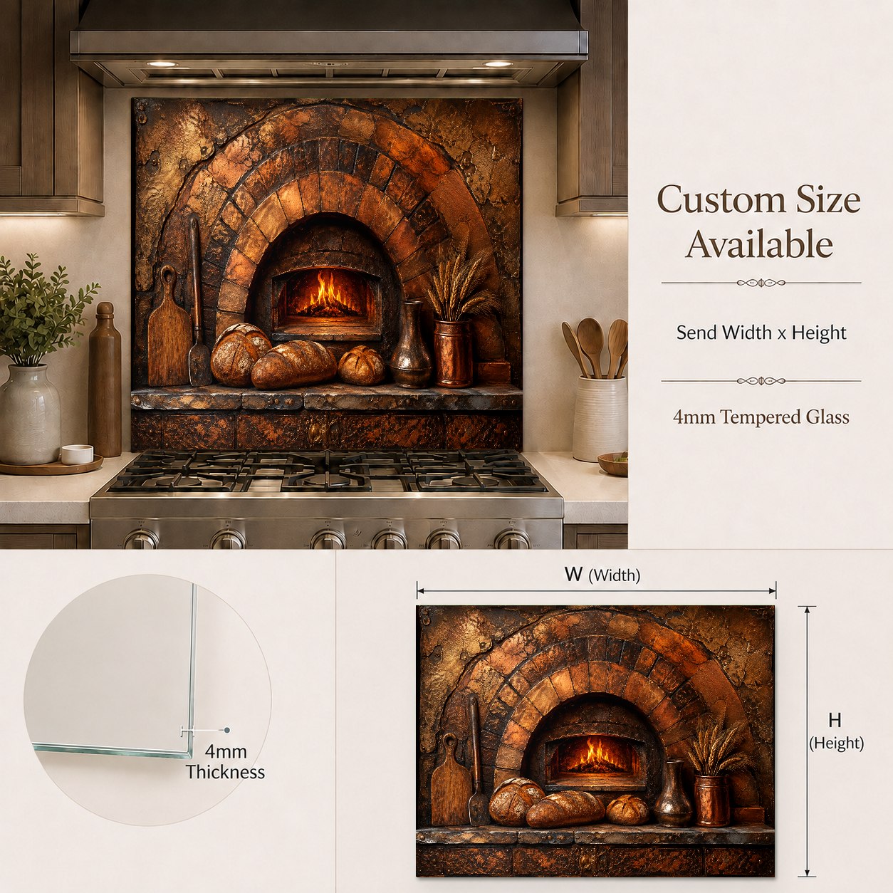 Rustic Oven design glass backsplash panel installed on a kitchen wall with warm under-cabinet lighting.