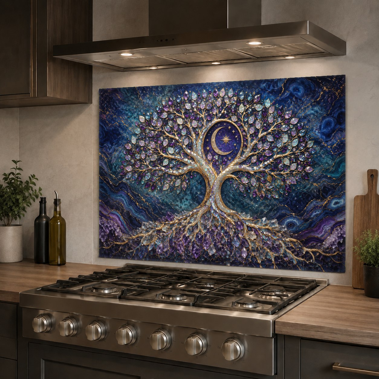 Vibrant cosmic tree kitchen backsplash panel behind an induction cooktop with sleek white countertops.
