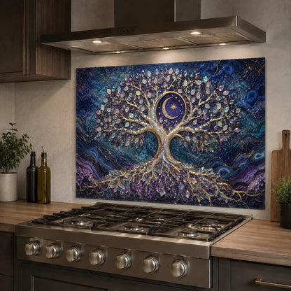 Vibrant cosmic tree kitchen backsplash panel behind an induction cooktop with sleek white countertops.