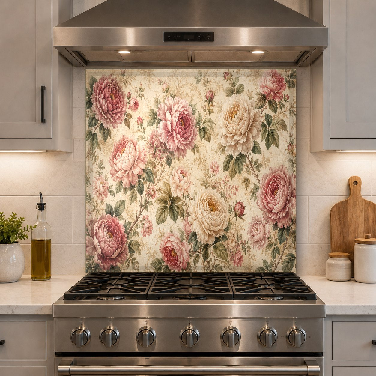 Vintage rose floral printed glass panel serving as a beautiful and hygienic kitchen backsplash.