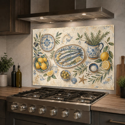 Elegant lemon fish design glass backsplash on a kitchen sink wall, reflecting natural light beautifully.