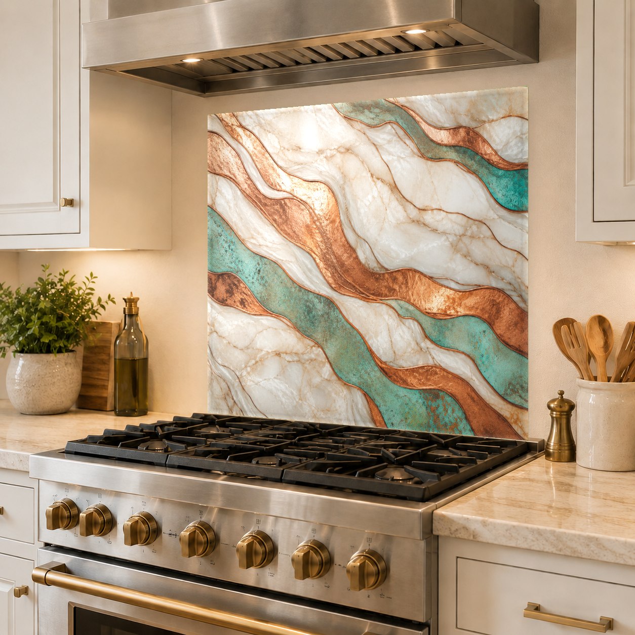 Elegant kitchen design highlighting a metallic copper patina glass backsplash behind the cooktop area.