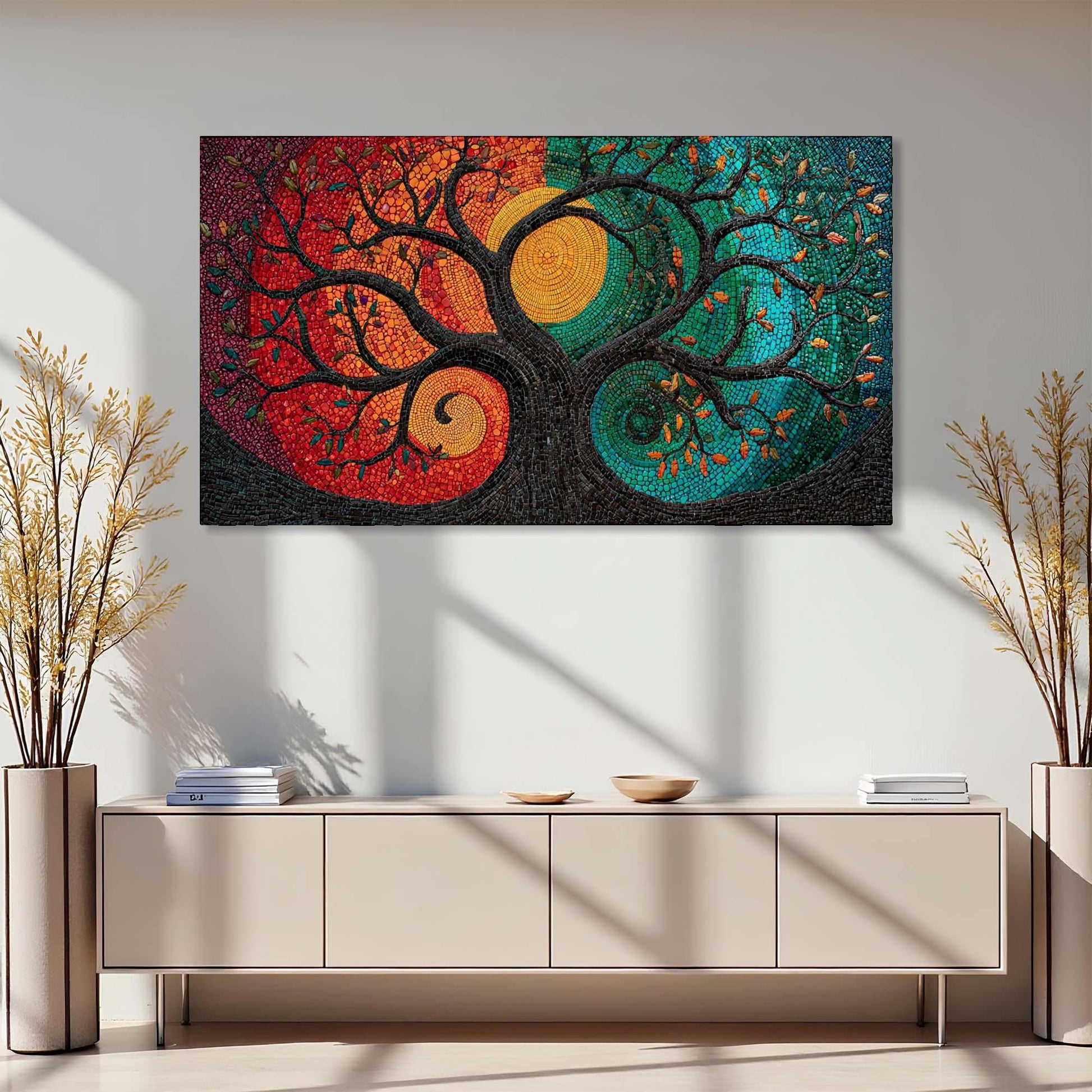 Colorful abstract wall art above a light-colored cabinet with decorative plants on either side.
