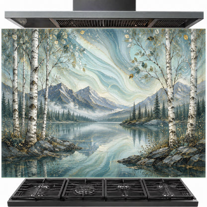 Great Lake scenic tempered glass backsplash installed behind a professional gas stove in a modern coastal kitchen.