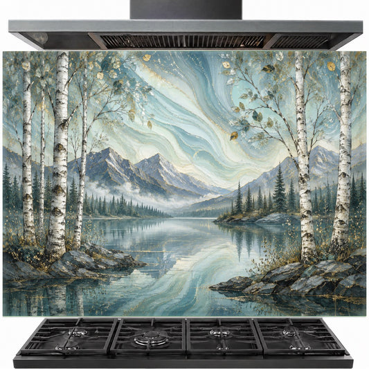 Great Lake scenic tempered glass backsplash installed behind a professional gas stove in a modern coastal kitchen.