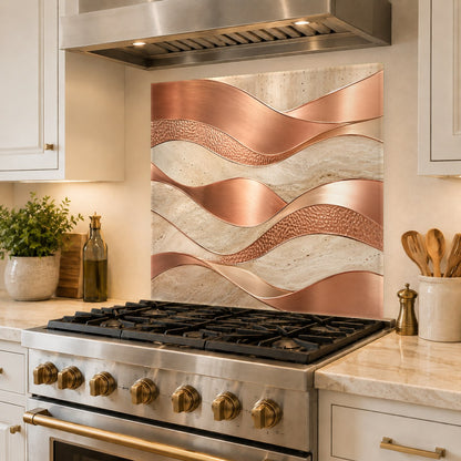 Modern kitchen featuring a seamless heat-resistant copper flow glass backsplash