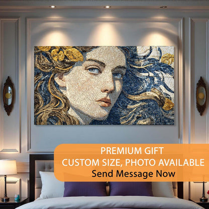 Mosaic artwork of a woman's face on a wall above a bed with promotional text overlay.