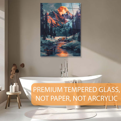 Modern bathroom with a large mountain landscape painting above a freestanding bathtub.