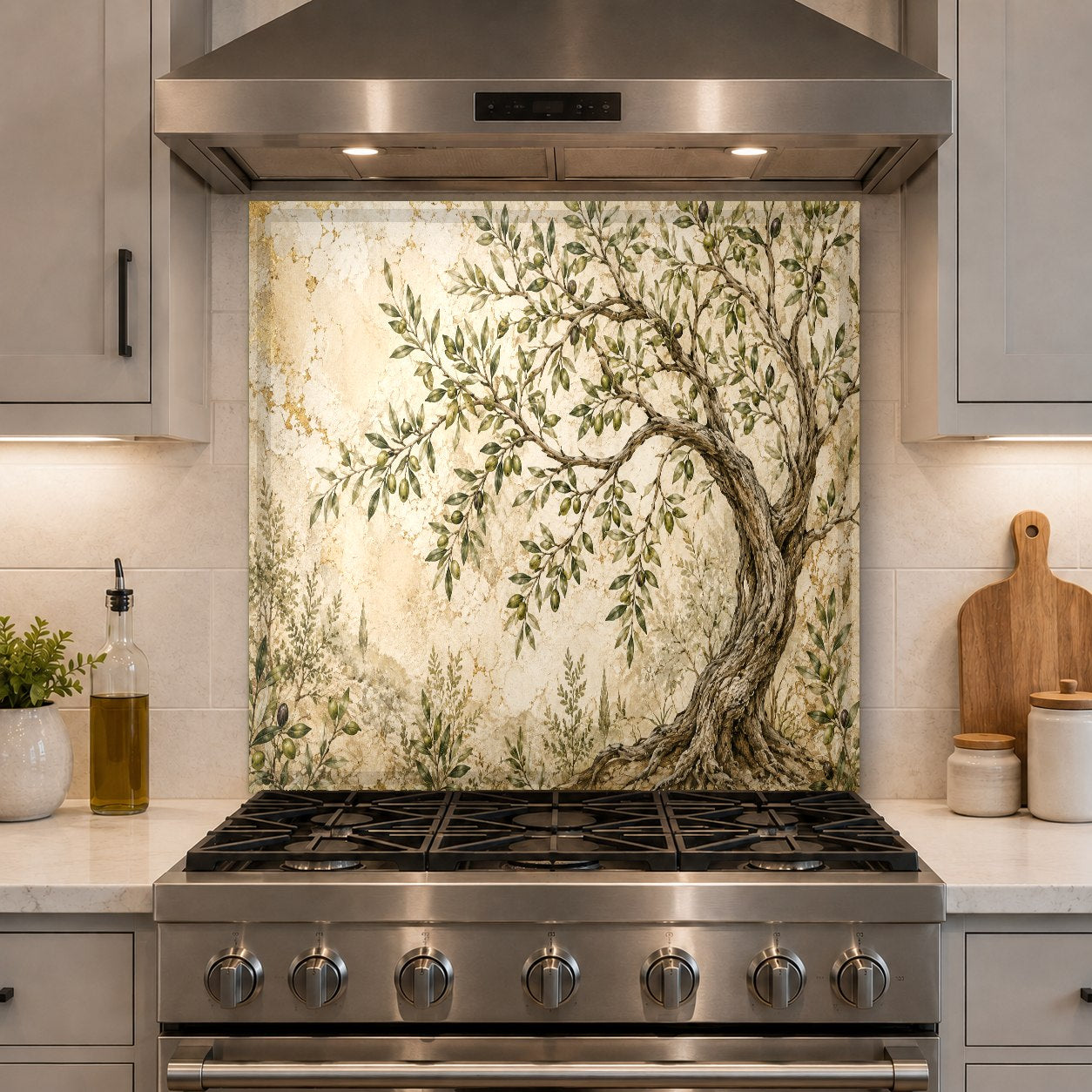 Elegant Mediterranean olive fresco glass kitchen panel installed in a home bar area for a touch of rustic charm.