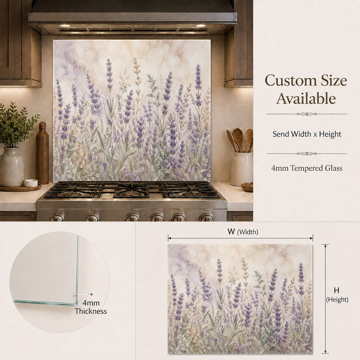 Beautiful lavender floral glass backsplash panel adding a pop of purple to a modern kitchen bar area.