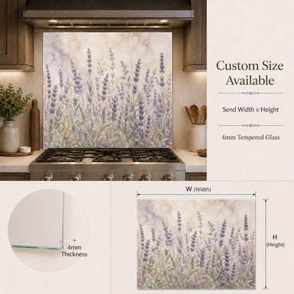 Beautiful lavender floral glass backsplash panel adding a pop of purple to a modern kitchen bar area.