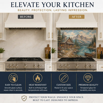 Durable heat-resistant glass kitchen backsplash featuring a forest lake scene behind a stainless steel range.