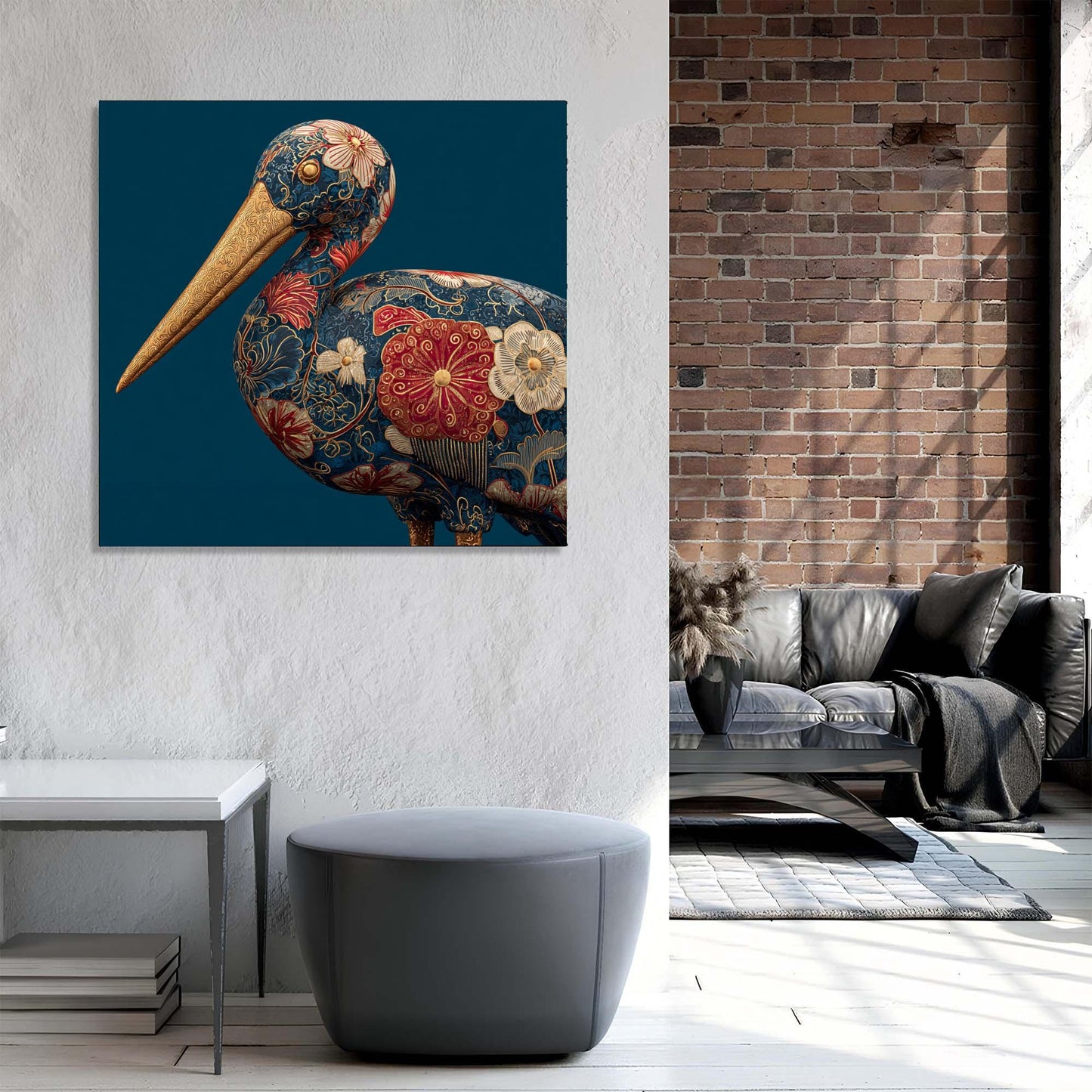 Decorative wall art of a colorful bird on a blue background in a modern living room.