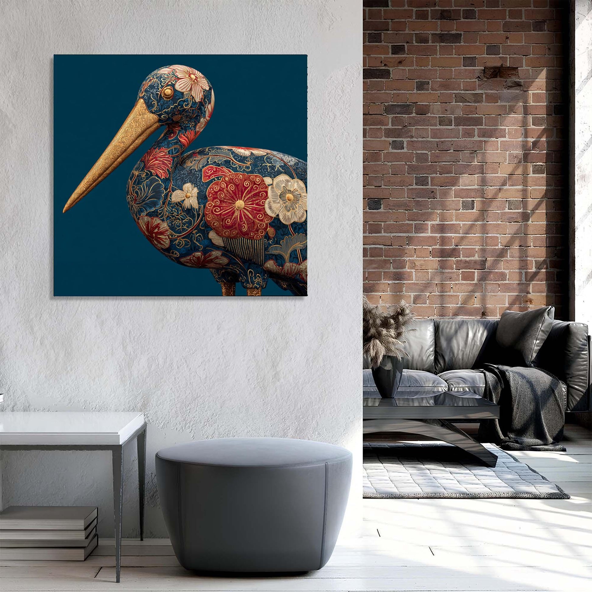 Decorative wall art of a colorful bird on a blue background in a modern living room.