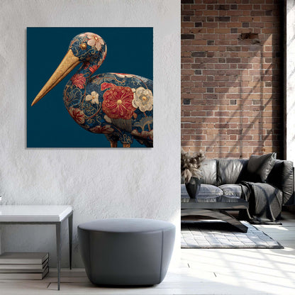 Decorative wall art of a colorful bird on a blue background in a modern living room.