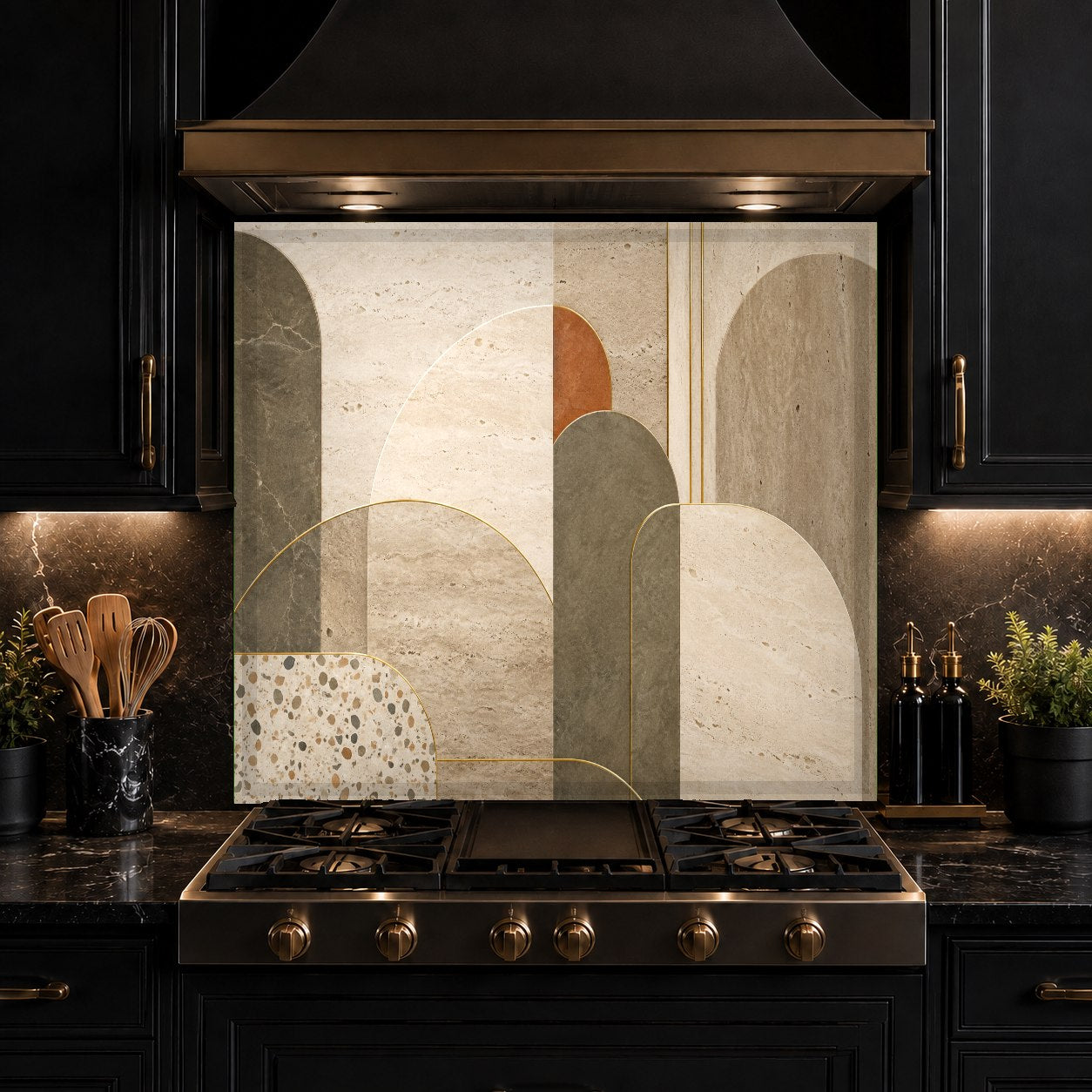 Hygienic and seamless abstract glass kitchen panel installed on a modern kitchen island wall.