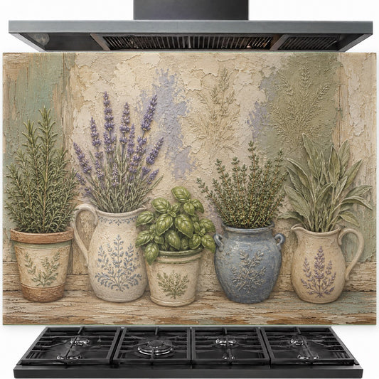 Pot flowers tempered glass backsplash installed behind the stove in a modern kitchen