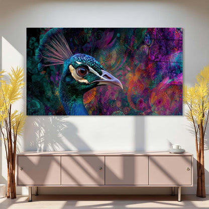 Colorful peacock painting on a wall above a wooden cabinet with decorative plants.