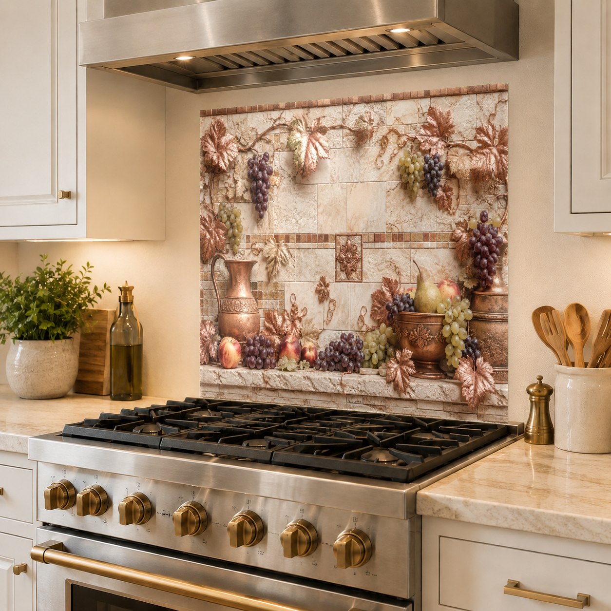 Tuscan Copper glass backsplash panel adding rich metallic accents to a clean, grout-free kitchen wall.