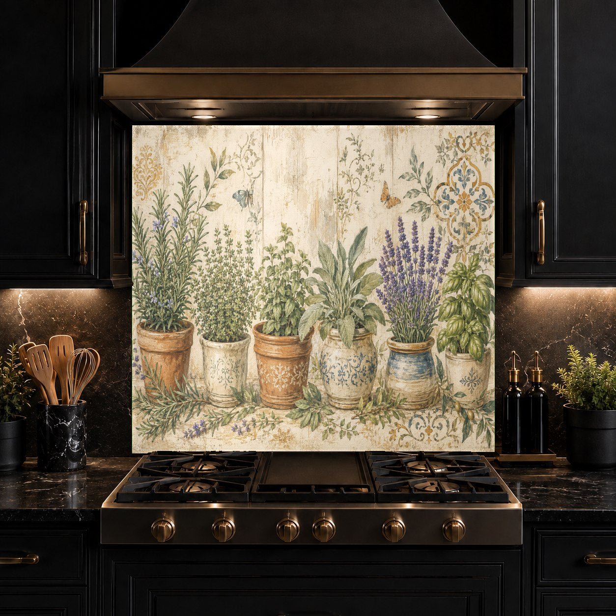 Beautiful potted plants and flowers design on a glass backsplash behind a home bar sink area.
