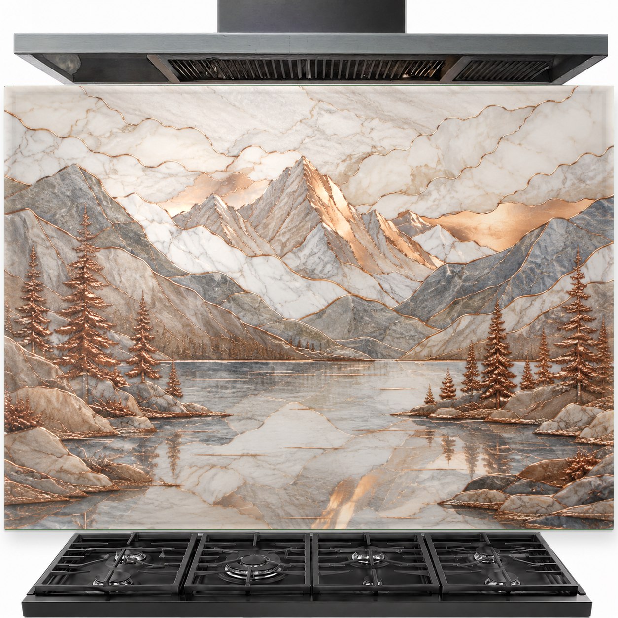 Copper Mountain Lake tempered glass backsplash installed behind a modern gas stove in a rustic kitchen.